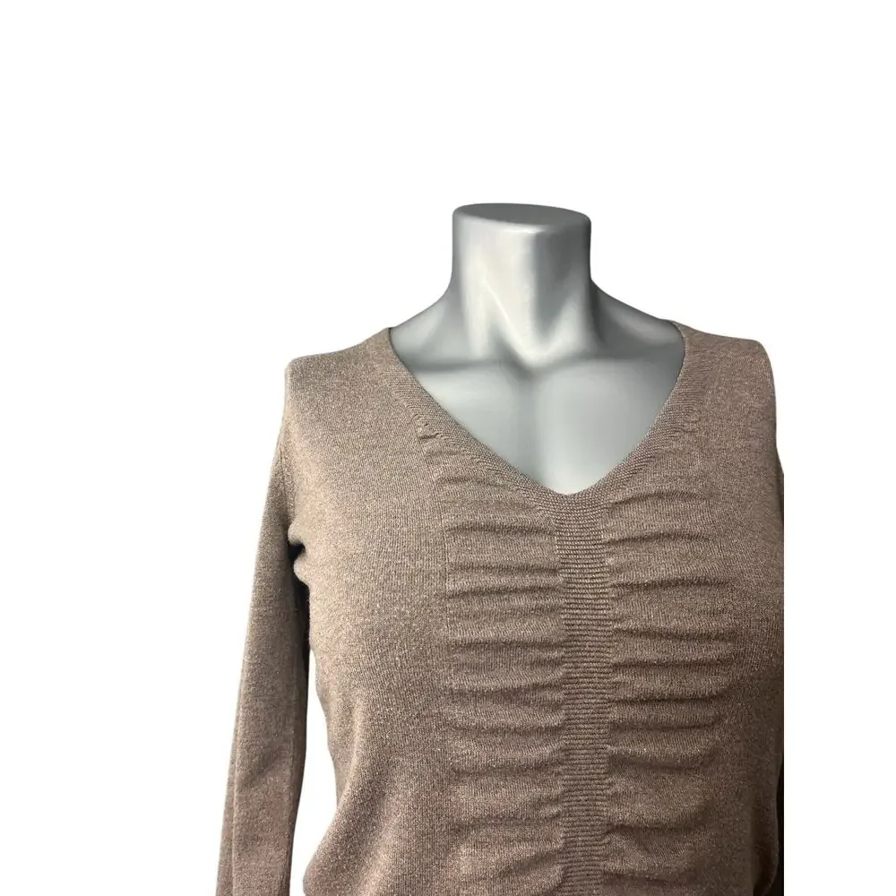 Express Women’s V-neck Long Sleeve Beige Sweater Ruched Small Brown Classic